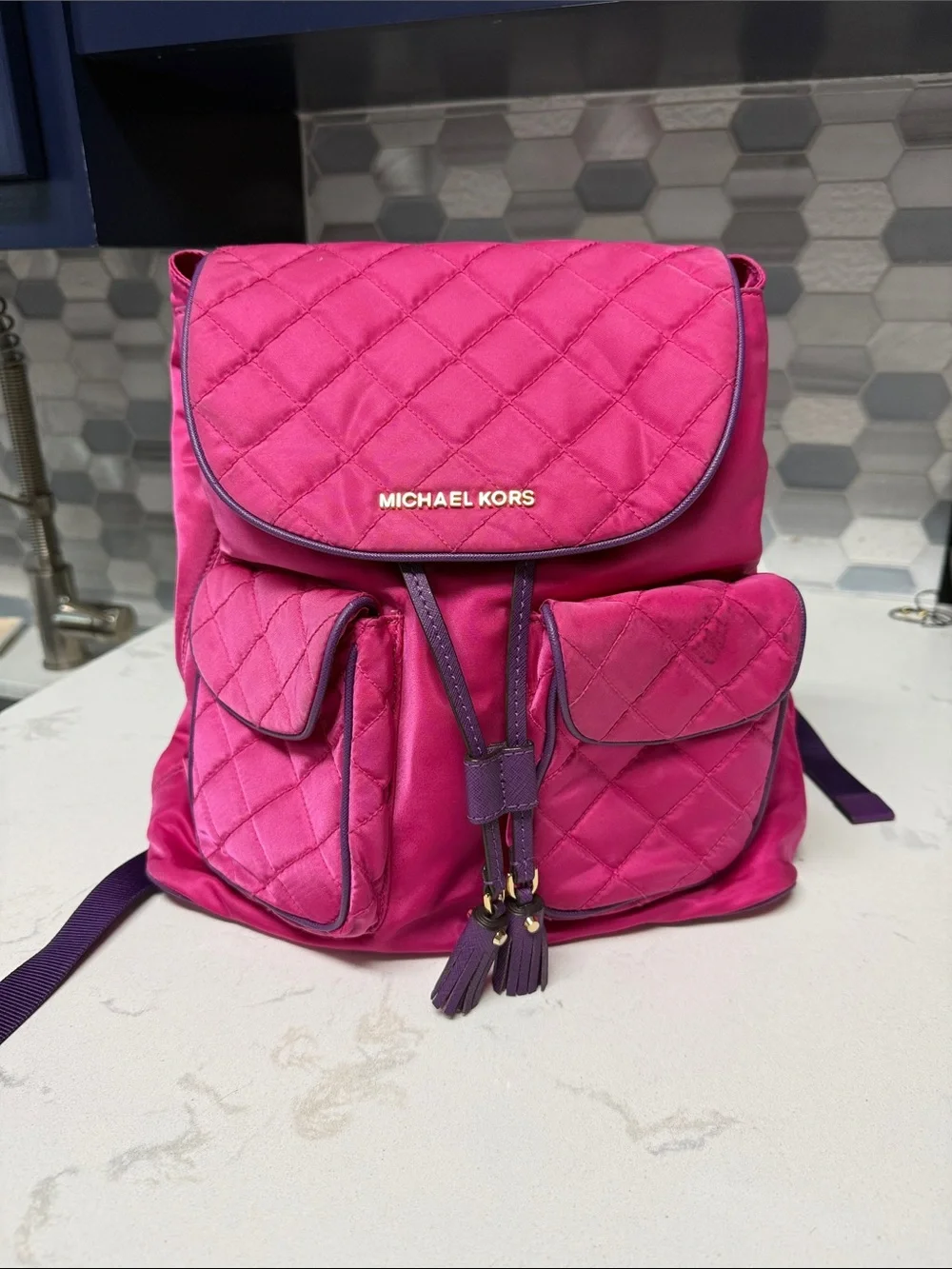 Michael Kors Hot Pink Quilted Backpack with Purple Trim
